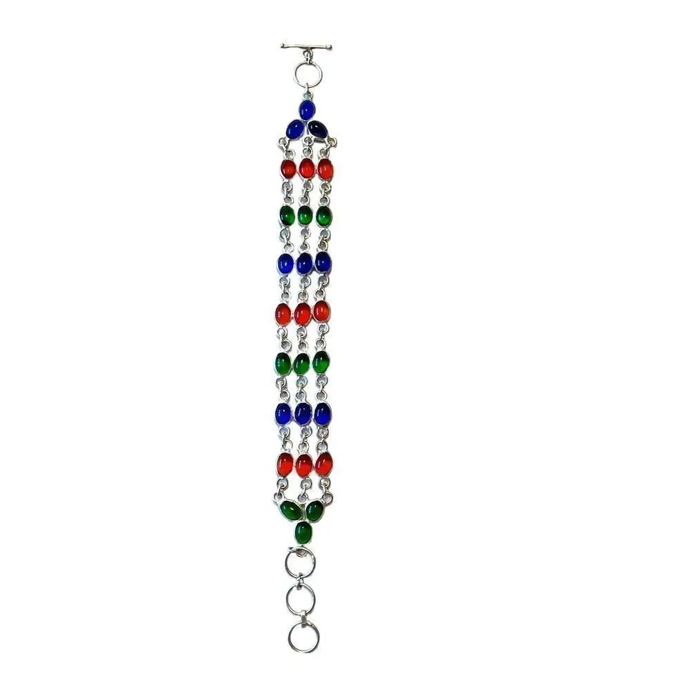 Triple Strand Multi-Color Stone Silver Tone Bracelet